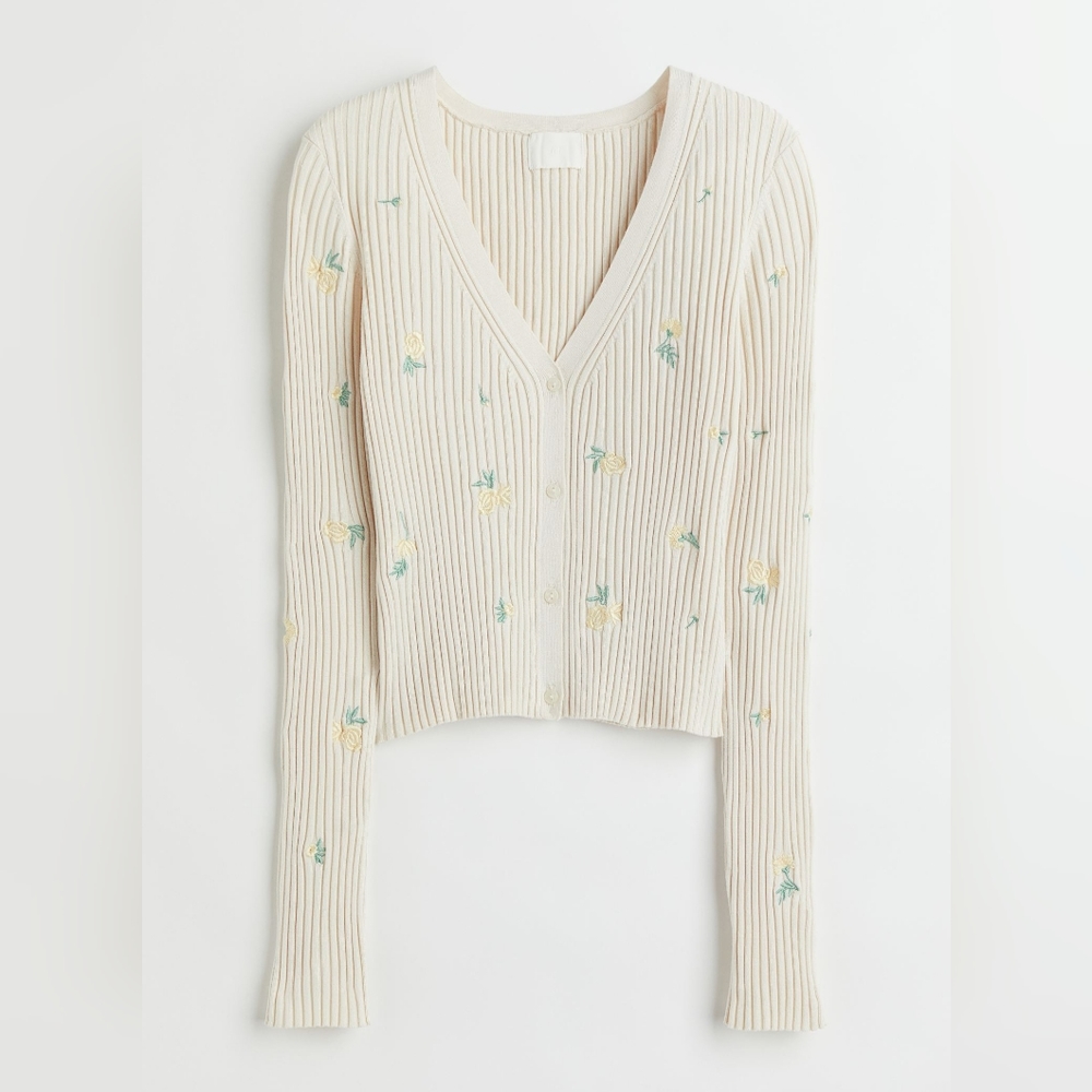 H&M Ribbed Cardigan with Embroidery